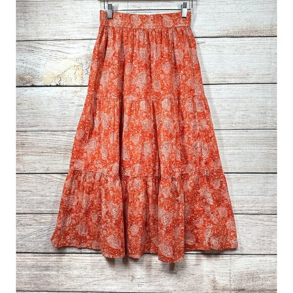 Margaret OLeary Maxi Skirt Womens S Orange White Tiered Pull On Elastic Waist - Picture 1 of 8